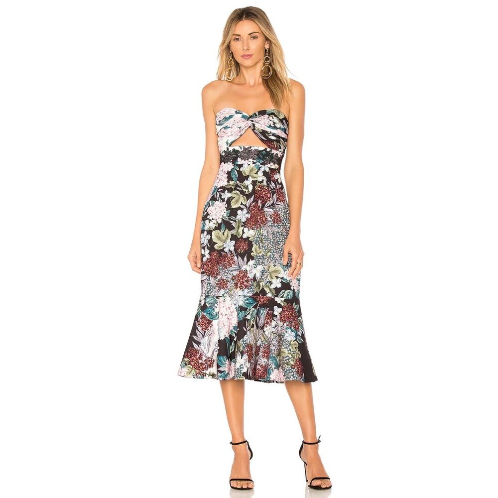 NWT Keepsake Label Lost Dreams Bodycon Midi Strapless Flounce Hem Dress XS Small